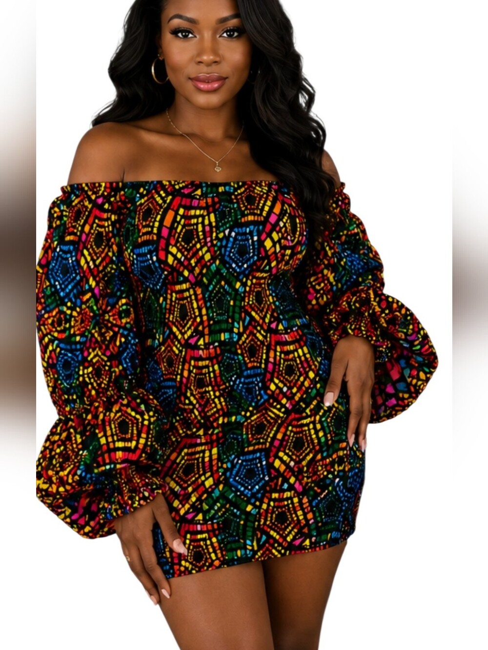 Awelana Tibori NWT Off Shoulder Smocked Mini Dress Colorful Mosaic Print - Picture 2 of 16